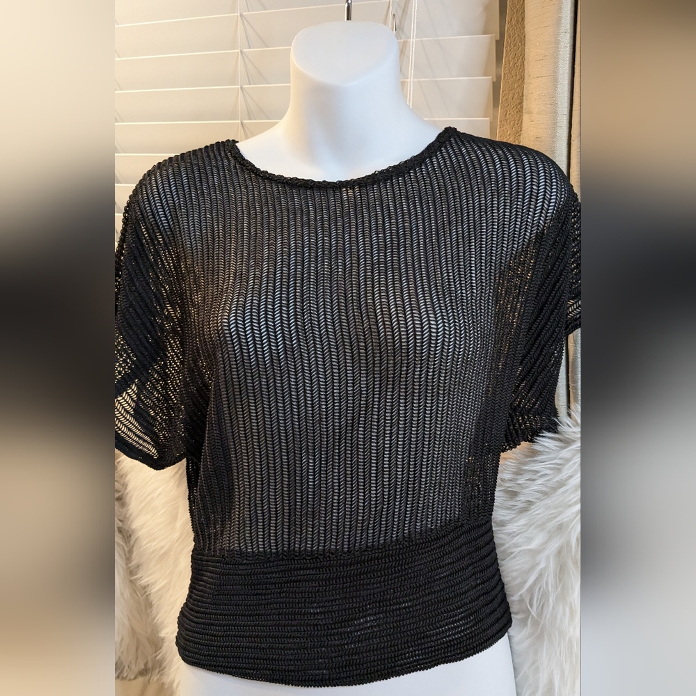 Spencer & Olivia Dolman Sleeve Black Overlay Weave Mesh Top Small to Medium